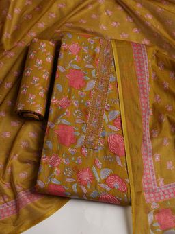 MEENA BAZAAR - Women Floral Printed Mustard Unstitched Kurta With Pant & Dupatta