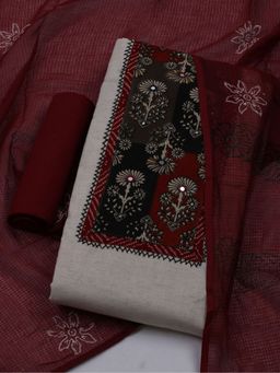 MEENA BAZAAR - Women Embroidered Cream Unstitched Kurta With Pant & Dupatta