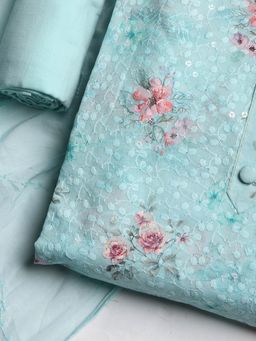 MEENA BAZAAR - Women Floral Print Blue Unstitched Kurta With Pant & Dupatta