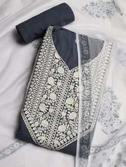 MEENA BAZAAR - Women Grey Embroidered Unstitched Kurta With Pant & Dupatta
