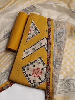 MEENA BAZAAR - Women Geometric Printed Mustard Unstitched Kurta With Pant & Dupatta