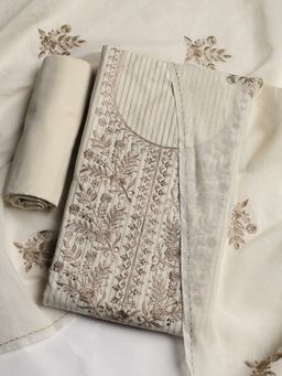 MEENA BAZAAR - Women Embroidered Cream Unstitched Kurta With Pant & Dupatta