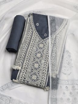 MEENA BAZAAR - Women Grey Embroidered Unstitched Kurta With Pant & Dupatta