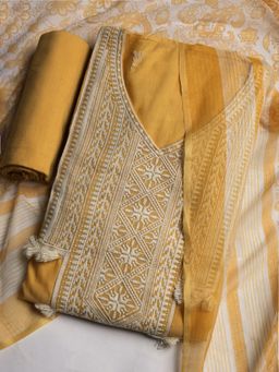 MEENA BAZAAR - Women Embroidered Yellow Unstitched Kurta With Pant & Dupatta