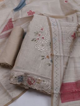 MEENA BAZAAR - Women Beige Embroidered Unstitched Kurta With Pant & Dupatta