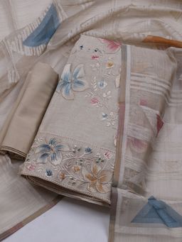 MEENA BAZAAR - Women Beige Embroidered Unstitched Kurta With Pant & Dupatta