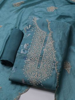 MEENA BAZAAR - Women Embroidered Green Unstitched Kurta With Pant & Dupatta