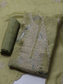 MEENA BAZAAR - Women Embroidered Green Unstitched Kurta With Pant & Dupatta