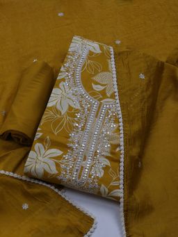 MEENA BAZAAR - Women Mustard Embroidered Unstitched Kurta With Pant & Dupatta