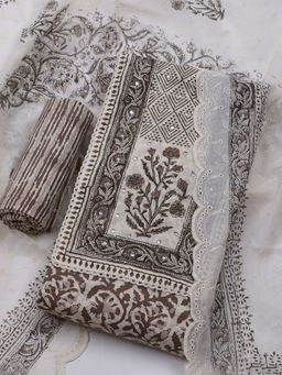 MEENA BAZAAR - Women Floral Printed Brown Unstitched Kurta With Pant & Dupatta