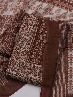 MEENA BAZAAR - Women Floral Printed Brown Unstitched Kurta With Pant & Dupatta