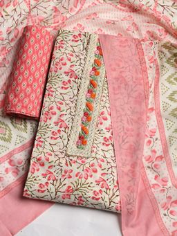 MEENA BAZAAR - Women Printed Cream Unstitched Kurta With Pant & Dupatta
