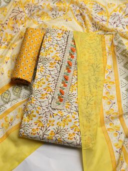 MEENA BAZAAR - Women Printed Cream Unstitched Kurta With Pant & Dupatta