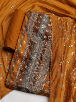 MEENA BAZAAR - Women Mustard Embroidered Unstitched Kurta With Pant & Dupatta