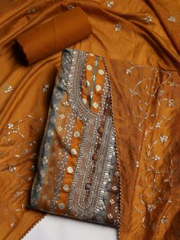 MEENA BAZAAR - Embroidered Rust Unstitched Kurta With Pant & Dupatta