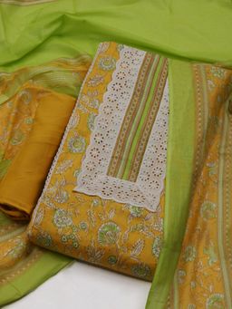 MEENA BAZAAR - Women Printed Mustard Unstitched Kurta With Pant & Dupatta