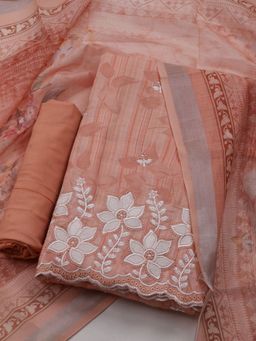 MEENA BAZAAR - Women Peach Embroidered Unstitched Kurta With Pant & Dupatta