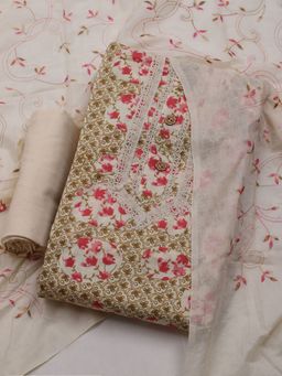 MEENA BAZAAR - Printed Beige Unstitched Kurta With Pant & Dupatta