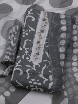 MEENA BAZAAR - Printed Grey Unstitched Kurta With Pant & Dupatta