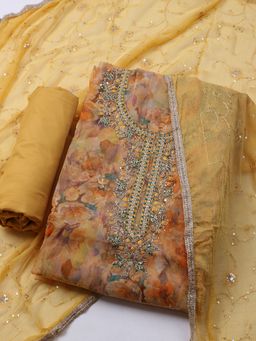 MEENA BAZAAR - Women Yellow Embroidered Unstitched Kurta With Pant & Dupatta