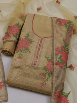 MEENA BAZAAR - Women Embroidered Beige Unstitched Kurta With Pant & Dupatta