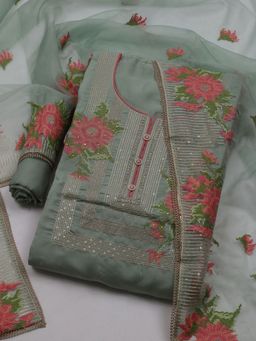MEENA BAZAAR - Women Thread Work Green Unstitched Kurta With Pant & Dupatta