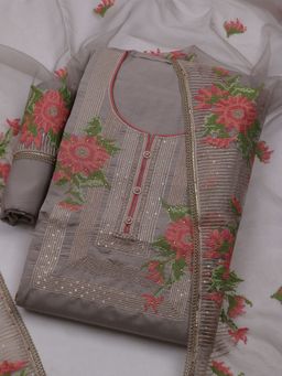 MEENA BAZAAR - Women Embroidered Grey Unstitched Kurta With Pant & Dupatta