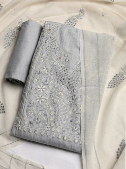 MEENA BAZAAR - Women Embroidered Grey Unstitched Kurta With Pant & Dupatta