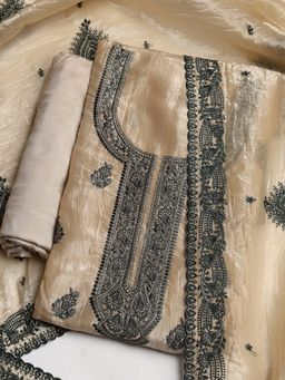 MEENA BAZAAR - Women Embroidered Beige Unstitched Kurta With Pant & Dupatta