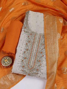 MEENA BAZAAR - Embroidered Orange Unstitched Kurta With Pant & Dupatta