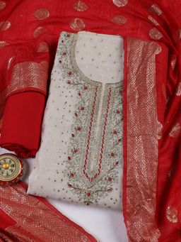MEENA BAZAAR - Women Embroidered Red Unstitched Kurta With Pant & Dupatta