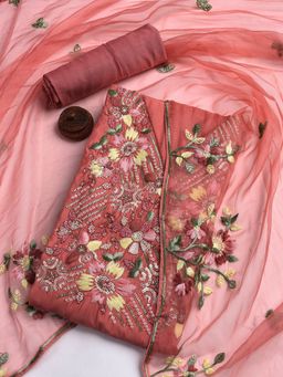 MEENA BAZAAR - Embroidered Peach Women Unstitched Kurta With Pant & Dupatta