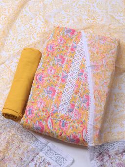 MEENA BAZAAR - Printed Yellow Unstitched Kurta With Pant & Dupatta