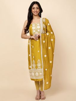 MEENA BAZAAR - Embroidered Mustard Women Unstitched Kurta With Pant & Dupatta