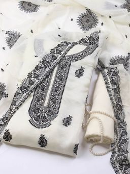 MEENA BAZAAR - Women Cream Embroidered Unstitched Kurta With Pant & Dupatta