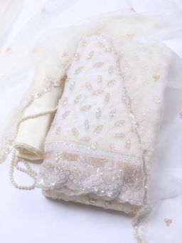 MEENA BAZAAR - Women Cream Embroidered Unstitched Kurta With Pant & Dupatta