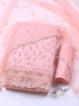 MEENA BAZAAR - Women Embroidered Pink Unstitched Kurta With Pant & Dupatta