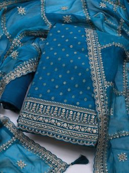 MEENA BAZAAR - Women Embroidered Blue Unstitched Kurta With Pant & Dupatta