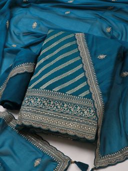 MEENA BAZAAR - Women Embroidered Blue Unstitched Kurta With Pant & Dupatta