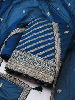 MEENA BAZAAR - Women Embroidered Blue Unstitched Kurta With Pant & Dupatta