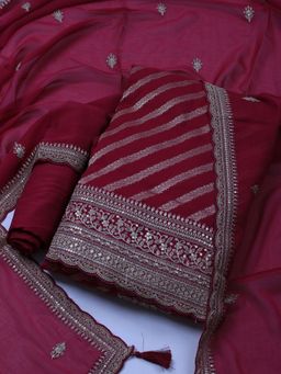 MEENA BAZAAR - Embroidered Wine Unstitched Kurta With Pant & Dupatta