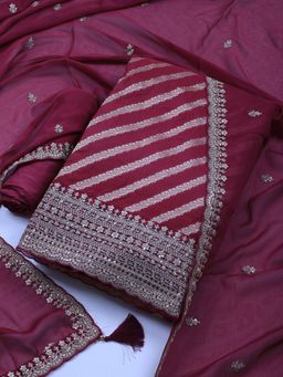 MEENA BAZAAR - Embroidered Wine Unstitched Kurta With Pant & Dupatta