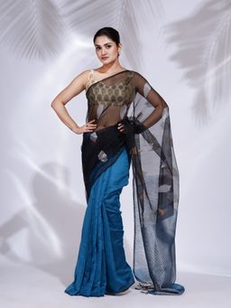 CHARUKRITI - Black and Sky Blue Blended Cotton Handwoven Saree with Zari Pallu with Unstitched Blouse