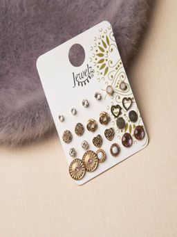 JEWELZ - 12 Pairs Multi-shaped Combo Pull Back Ear Studs for Girls & Women