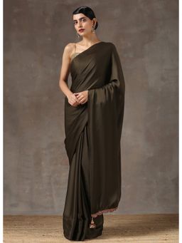 Swtantra - Olive Satin Saree With Bronze Handmade Lace & Pendant