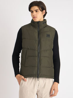 Antony Morato - Men Green Solid Stand Collar Puffer Jacket with Hood