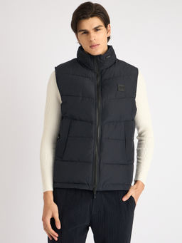 Antony Morato - Men Navy Blue Solid Stand Collar Puffer Jacket with Hood