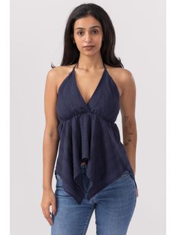 PAST MODERN - Women Navy Blue Cotton Solid Top