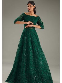 Meenagurnam - Green Net Sequins Embroidered Off-Shoulder Gown