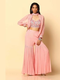 Meenagurnam - Pink Embroidered Blouse Sharara and Detachable Sleeves